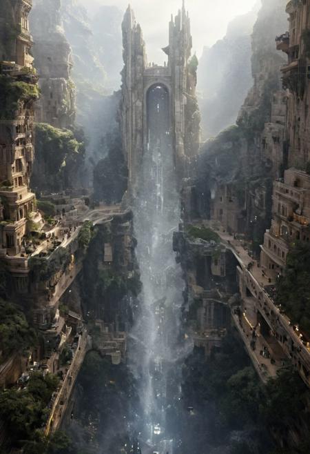 POV view , DOF,
(Ancient civilization, Alien Prometheus movie scene, dune movie scene:1.5), (The colonial city of the future, in the mist-filled Grand Canyon, on an unknown Earth-like planet, 2 moon on sky, Spaceship flight connects colonies, waterfulls:1.3), (Machu Picchu, a mountain settlement, incredibly spectacular:1.2), (Mario Botta:1.3), (avant-garde, future, reality, science fiction, photorealistic), (modern architecture:1.2), White limestone with black granite, fountain, waterfall, landmark, square, path, narrow street,
(Large Files, Ultra Realistic, 8K, 16k, FHD, HD, VFX, Perfect, Photography, composition, Architecture Sales Photography, Architecture Competition, Ultra High Resolution, Cinematography, High Resolution Image:1.1), (dramatic lighting, direct sunlight, ray tracing, clear shadow:1.2),  (real landscape:1.1), (blurred background:1.0), (urban background, more_details) ,
great lighting, clear, hillscastel, <stardeaf-cold-arc>, xtower, industrialbuilding