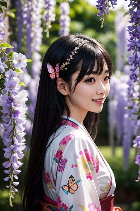 realistic, full hd, 8k, japanese female, solo, looking at viewer, smile, long hair, bangs, white hair, hair ornament, hazel eyes, upper body, black hair, flower, multicolored hair, japanese clothes, kimono, blurry, from side, lips, parted bangs, eyelashes, eyeshadows,  depth of field, blurry background, animal print, butterfly, butterfly hair ornament, haori, butterfly print, wisteria,