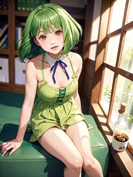 1girl, solo,(best quality),(masterpiece:1.1), full body, looking_at_viewer, dynamic angle, green hair, neck_ribbon, cute, clear facial skin,