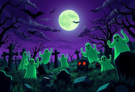 Halloween theme, spooky graveyard with ghostly creatures under a purple sky, highlights in green and black colors, cartoon style, hyper-realistic, ultra-detailed mobile wallpaper, cinematic lighting, dynamic composition, by Artgerm and Greg Rutkowski, 4k resolution, vibrant colors