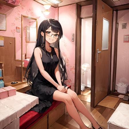 best quality, ultra-detailed, illustration,
hakohel, scenery, door, indoors, light, lamp, tissue box, shelf, towel, mirror,
1girl, solo, glasses, jewelry, long hair, necklace, smile, black hair, looking at viewer, black dress, sleeveless dress, sitting,
<lora:hakohel_SDXL_V2:1>