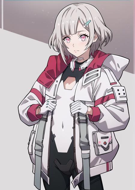 ada,short hair,hair ornament,hairclip,grey hair,blunt bangs,flipped hair,pink eyes, || white jacket,open jacket,hooded jacket,hood down,clothing cutout,white bodysuit,black pants, white gloves,black crotch plate