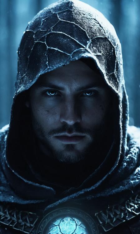 cinematic still A dark ghostly male silhouette. Messenger of the Frozen God. Cracked skin. light armor. Cracked armor. Canvas hood. Runic circle. Elements. Ice. Power from inside. Glowing eyes. Bokeh blur. ral-dissolve.BadDream photorealistic . emotional, harmonious, vignette, 4k epic detailed, shot on kodak, 35mm photo, sharp focus, high budget, cinemascope, moody, epic, gorgeous, film grain, grainy, gothic style A dark ghostly male silhouette. Messenger of the Frozen God. Cracked skin. light armor. Cracked armor. Canvas hood. Runic circle. Elements. Ice. Power from inside. Glowing eyes. Bokeh blur. ral-dissolve.BadDream photorealistic . dark, mysterious, haunting, dramatic, ornate, detailed, A dark ghostly male silhouette. Messenger of the Frozen God. Cracked skin. light armor. Cracked armor. Canvas hood. Runic circle. Elements. Ice. Power from inside. Glowing eyes. Bokeh blur. ral-dissolve.BadDream photorealistic, fantastic, beautiful, mystical, cinematic, dynamic, detailed, very