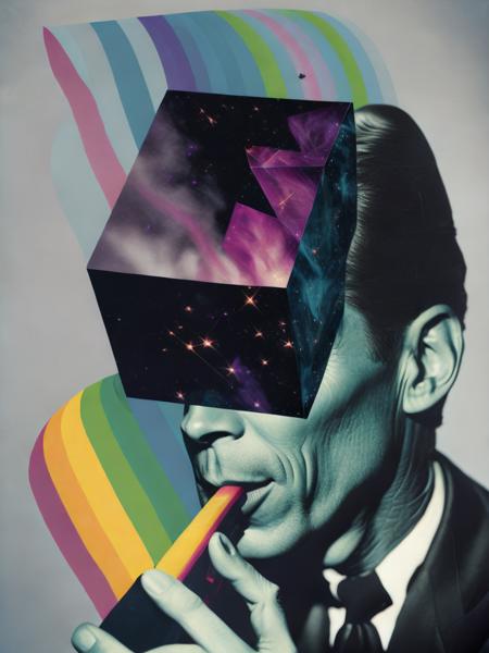 <lora:Collage:1>collage a man smoking a pipe with a cube on his head