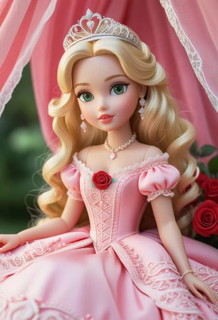 masterpiece, best quality, 8k, Sexy princess, (doll face highly detailed:1.05), green eyes, cute mouth, cute face, shy face, (thick blonde wavy hair until waist:1.10), (light pink lace dress highly detailed), (sitting on a canopy bed with red roses highly detailed:1.10), ancient_theme princess_theme (soft and pastel colors:1.10), cowboy shot