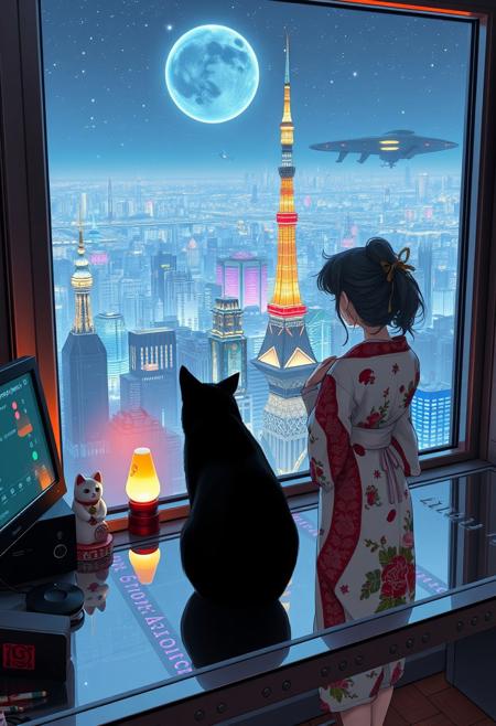 Jiji, the cat from Kiki's Delivery Service sits on a cluttered metal riveted desk with transparent top and rgb led computer components visible inside, On the desk are a maneki neko statue and a lava lamp, Jiji the Black Cat is looking out of a seamless and futuristic floor to ceiling window that looks out at a very high view from an apartment on the 400th floor of a futuristic Tokyo skyscraper, the year is 2250, The city has thousands of enormous wide and tall futuristic skyscrapers and space ships covered with lights in the sky, (((Kiki from Kiki's Delivery Service, 24 years old, is standing next to the cat looking out at the enormous city at night, filled with buildings of many shapes and sizes, some over a mile tall))), Kiki is dressed in an ornate Japanese style bath robe. An enormous starship with futuristic lighting and design is visible high above the city, and a space station is visible in the background among the stars, The woman's hair is messy from just waking up and tied up with a ribbon. Artistic cyberpunk, dynamic perspective, The focus is on Jiji and Kiki standing together looking out the window at the view together, (((overall architectural aesthetic is Art Deco Cyberpunk))).  Mt Fuji can be seen in the far distance,