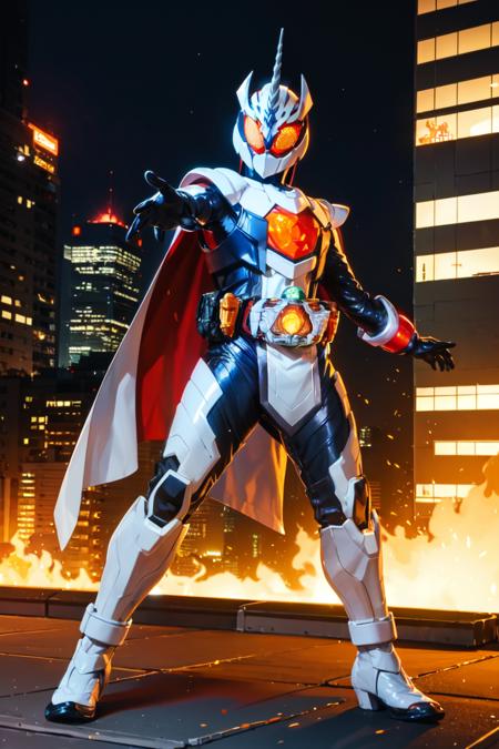 majade, solo, 1girl, mature female, perfect female body, narrow waist,wide hip,gloves, female focus, bodysuit, helmet, glowing eyes, orange eyes,boots, cape,tokusatsu, kamen rider,rider belt,horns, armor, unicorn,ring,pelvic curtain,full body shot,cape,standing,dynamic pose,fighting stance,action pose, on rooftop,city background, hdr,bokeh,depth of field,night,   <lora:majade:0.7>