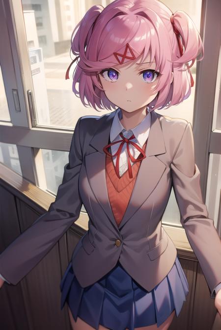 ddlcnatsuki, <lora:ddlcnatsukitest:1>,
ddlcnatsuki, fang, hair ornament, pink hair, (purple eyes:1.1), short hair, short sidetail, swept bangs, x hair ornament, (flat chest:1.2),
BREAK blazer, blue skirt, brown jacket, collared shirt, jacket, long sleeves, miniskirt, neck ribbon, pleated skirt, red ribbon, ribbon, school uniform, shirt, skirt, swept bangs, vest, white shirt, wing collar, x hair ornament,
BREAK looking at viewer,
BREAK indoors, classroom,
BREAK <lora:GoodHands-vanilla:1>, (masterpiece:1.2), best quality, high resolution, unity 8k wallpaper, (illustration:0.8), (beautiful detailed eyes:1.6), extremely detailed face, perfect lighting, extremely detailed CG, (perfect hands, perfect anatomy),