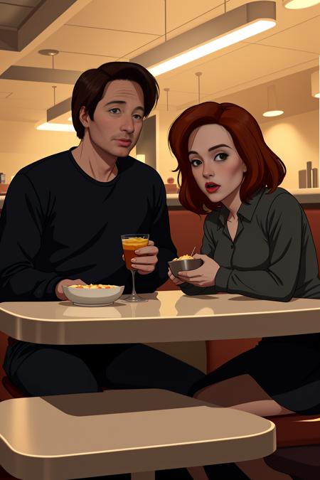 1girl (dana scully) and 1 boy (fox mulder) eating together in a diner