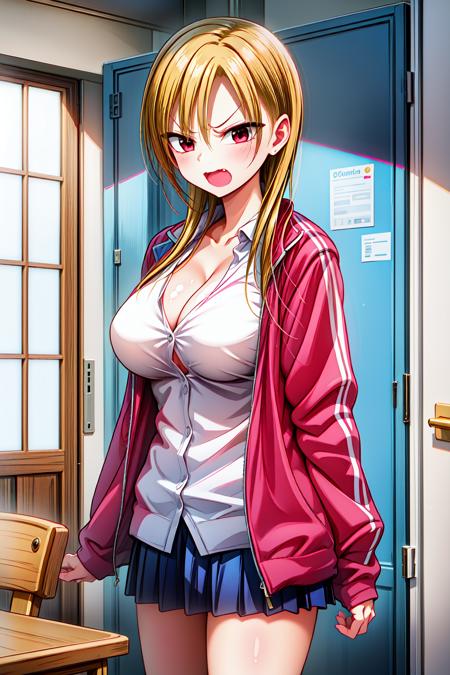 akutu_riko, red eyes, blonde hair, long hair, cleavage, school uniform, track jacket, white shirt, collared shirt, pleated skirt,