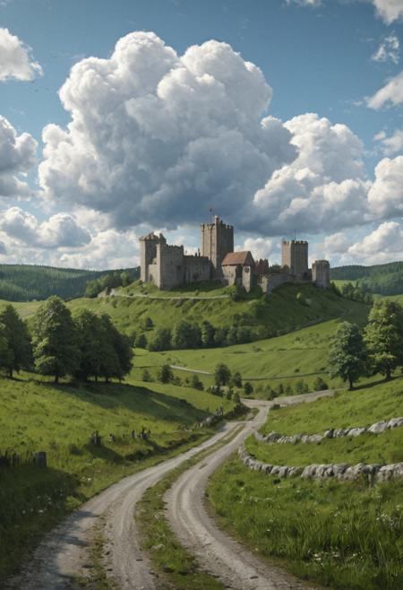A realistic medieval germanic landscape, showing a stone castle, with medieval Germanic Gothic-Romanesque architectural style, roads that follow the natural terrain. The surrounding countryside has green fields, scattered trees, dense woods. The sky is clear with soft blue tones and large white cumulus clouds. Natural lighting, cinematic perspective, wide view, high detail, realistic medieval textures, no fantasy elements, clear separation between buildings and landscape, logical layout, geographically consistent, perspective aligned <lora:MedievalMemories_v1:1.0> <lora:DetailTweakerXL_v1:3.0>