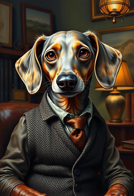 An elegantly aging anthropomorphic dachshund, exuding charm and wit despite the passage of time: silver fur with splashes of russet, a wise gleam in his soulful brown eyes, and a refined tweed vest that hints at a dapper past. This enchanting portrait captures the essence of the canine detective in a stunning oil painting, where every brushstroke highlights his character and sophistication. The attention to detail and richness of colors make this image truly mesmerizing, evoking a sense of nostalgia and warmth. Scene is of a detective solving a mystery in a noir-inspired office