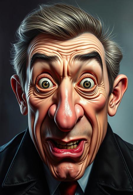 A large-scale, almost photographic portrait, but with comically exaggerated expressions, making the subject appear both humorous and intensely lifelike.hyper-realistic satirical caricature, exaggerated yet glossy lifelike textures, surreal melting paint effects, dramatic lighting, socially charged humor, fine oil painting realism mixed with expressive cartoon distortions, deep emotional intensity