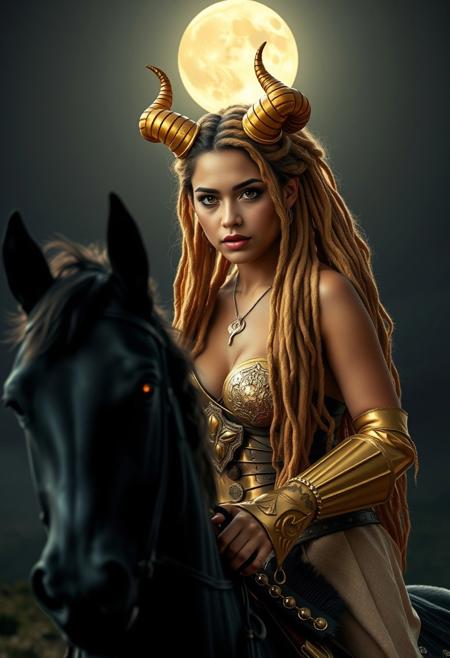 Latina girl, semi pointy ears, golden hair, gold eyes, golden eyes, golden curled horns pointing down, golden horns, dreadlocks, lots of hair, golden dreadlocks, full moon in background, moon shining light on girl, dark background, girl and horse on top of a hill, 
BREAK, 
Dramatic lighting, girl riding black horse, black horse with armor, horse has glowing gold eyes, horse on back 2 legs girl on horses back, girl has gold eyes, horse trotting, girl holding reins,
BREAK,
huge natural tits, sparkling gold bra, girl has skimpy gold armor, horse on hind legs, mystical look
BREAK,
big natural boobs, beautiful face, massive tits, thin waist big ass, massive realistic boobs