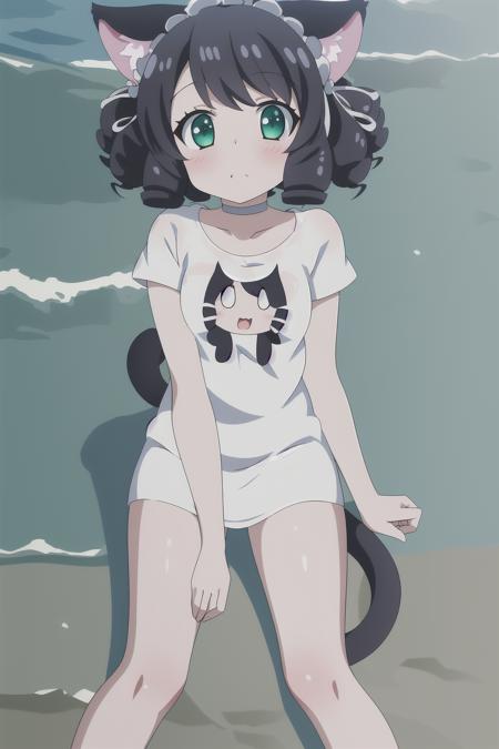 masterpiece, raytraycing, high detailed, 1girl, show_by_rock, cat ears, short black hair, (beach background), cat tail, wearing only t-shirt, white t-shirt, without pants, bare legs, green eyes, curly hair, curls, SFW