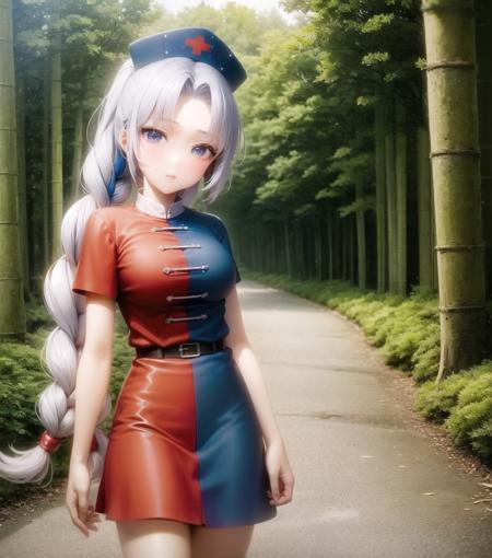 <lora:yagokoro_eirin:1>, 1girl, yagokoro eirin, multicolored clothes, nurse cap, nurse, red dress, blue dress,  bamboo forest, standing