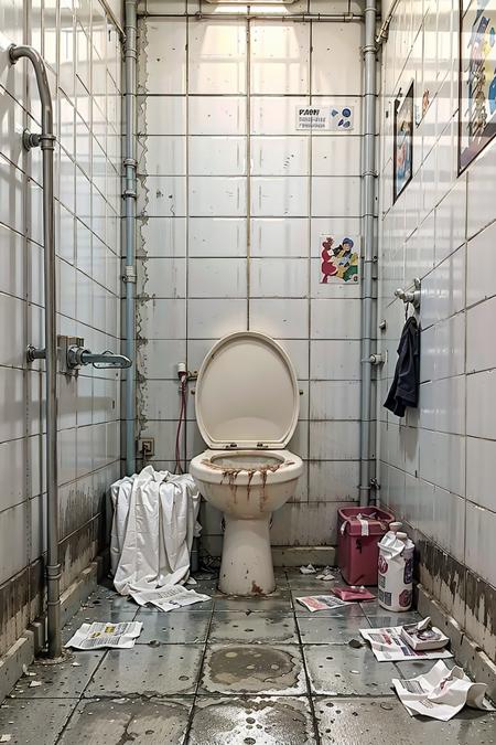 no humans,indoors,<lora:dirty toilet_v1:0.5>,ruanyi053,public toilet,toilet,toilet paper,condom packaging,used condoms,dirty tiles,dirt,filth,dirty,dim lighting,beer cans,cups,bottles,newspapers,food,handrails,Dirt that cannot be washed away,yellow urine stains,urine on the floor,graffiti on the wall,, (masterpiece:1.2), best quality, highres,extremely detailed CG,perfect lighting,8k wallpaper,photograph, photorealistic,