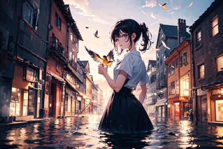 absurdres, highres,
(1girl, solo), big eyes,
townscape,
(Water Effects, Light Effects, Fluttering Feathers:1.2),