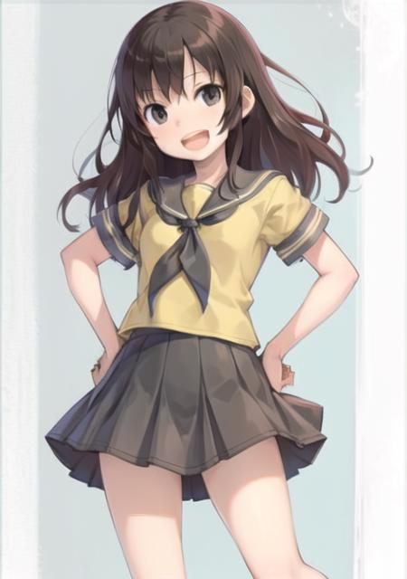 <lora:LassBW:0.7> LassBW, 1girl, solo, smile, open mouth, skirt, black hair, school uniform, serafuku, socks, black eyes, hands on hips, poke ball, poke ball (basic), holding poke ball