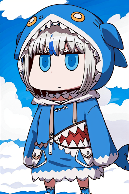 ((masterpiece, best quality)), 1girl, solo, fgoap, chibi, gawr gura, blue hoodie, shark hood