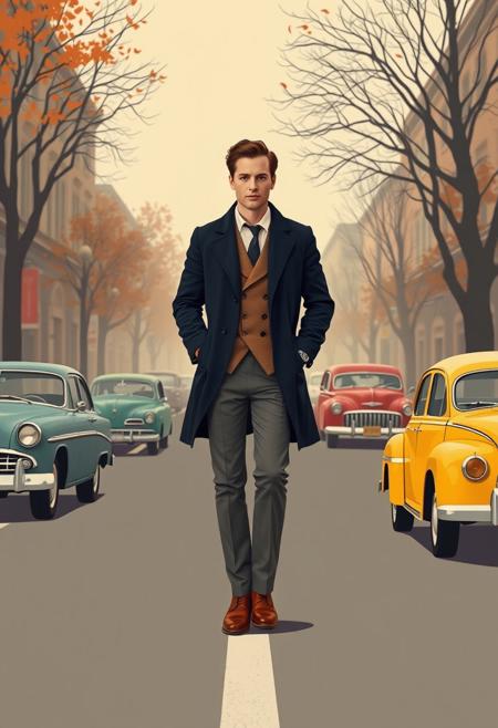 man walking, vintage style, navy overcoat, tan blazer, gray trousers, brown leather shoes, 1950s fashion, foggy street, autumn morning, classic cars, sepia tones, cinematic look, retro elegance, noir aesthetic, confident posture, whimsical illustration, bold color palette, mid-century modern design, stylized shapes, childlike wonder, flat perspective, playful composition, simplified forms, decorative patterns, fairy tale charm, vibrant color blocking, storybook aesthetic, expressive characters, graphic stylization, joyful mood, folk art influence, imaginative scenery, visual rhythm, retro fantasy, illustrative modernism