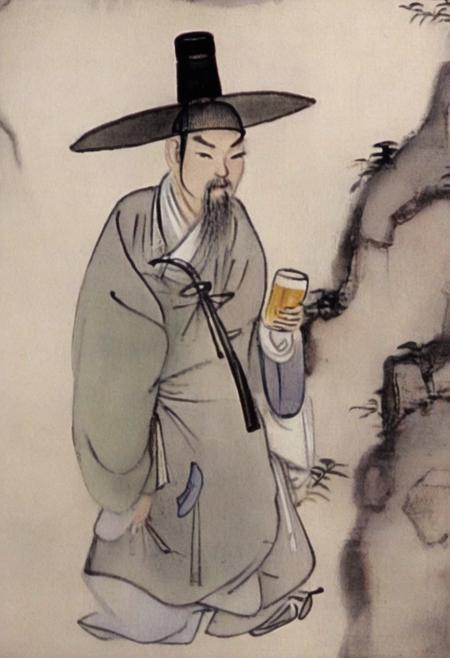 shinyunbok painting, a man with a hat holding a beer bottle