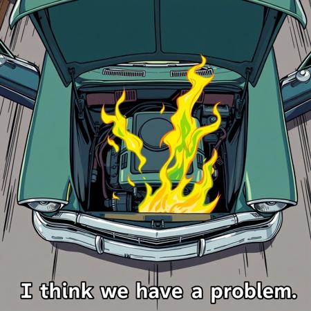 full-color manga illustration, from above, a close up of a classic car with the hood open and the engine block on fire, green flames, caption with text: 'I think we have a problem."