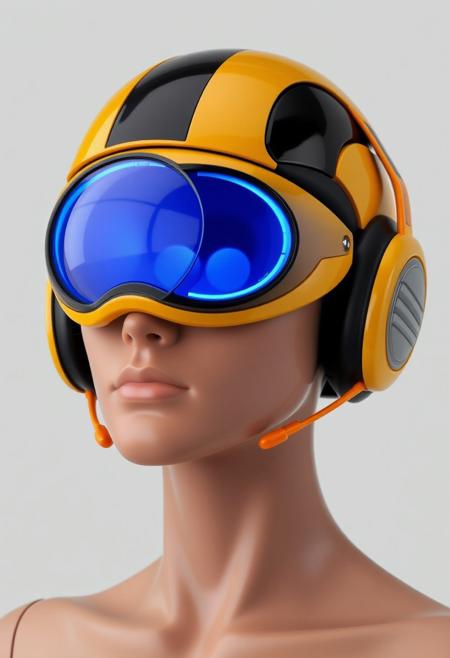 The figure's head is encased in a streamlined helmet, predominantly yellow with black accents. The helmet appears highly polished, with a smooth, almost glossy finish. Integrated into the helmet are large, circular, reflective lenses that cover the eyes entirely. The lenses glow with blue hue, giving off a cool, futuristic aura. These oversized goggles suggest an augmented reality or heads-up display function, typical of high-tech environments. Around the figure’s ears are sleek, futuristic headphones, which are seamlessly built into the helmet design. These headphones are primarily orange with grey, horizontal stripes along the side, indicating an interface for communication or audio enhancements. The skin tone appears smooth and artificial, hinting at synthetic or modified human characteristics