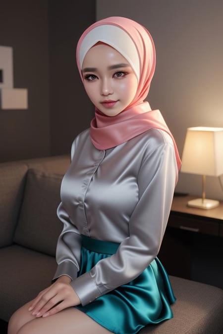 (3DMM:0.5), ((Masterpiece, best quality)), (photography, realistic, photo-realistic, 8k, highly detailed, [full length frame, Front view], High detail RAW color art, hyperrealism), 
(1girl, (Turkish)), (detailed skin, perfect face, Teal satin hijab, loosely tight hijab style, beautifully makeup, eyeshadow, brown eyes, beautiful big eyes, long eye lashes, inviting smile), ((unbutton gray satin shirt, perky breasts, exposing breasts, 34E cup breasts, pink nipples), ((satin long skirt)), sitting in sofa, at the office,  detailed office,
((beautiful cinematic lighting, 8k, high res, volumetric lighting, dramatic lighting, perfect shadow and light, perfect reflections, backlight. studio lighting,))diffused soft lighting, shallow depth of field, sharp focus, cinematic lighting, art by chunie, anime art,