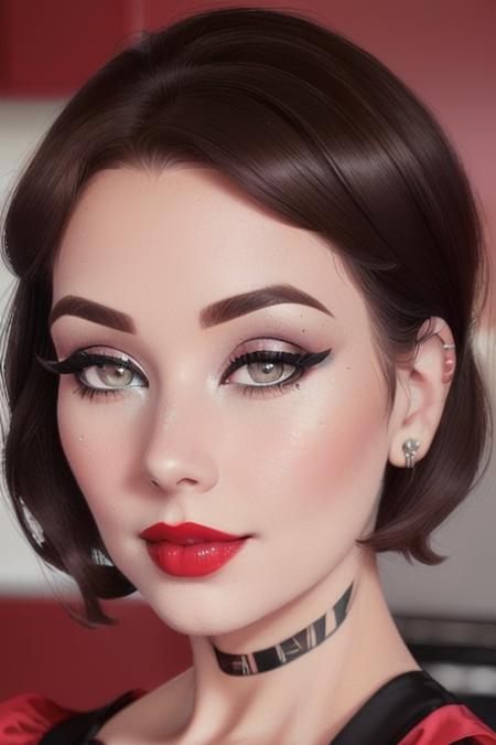 photo of a woman, <lora:forestnymph-04:0.6>, ((dark brown hair, short hair):1.2),((fifties dress, fifties hair, pinup hair):1.2), ((closeup, portrait)),((kitchen, home):1.3),((red lipstick,heavy eyeliner, heavy eye shadow, blush):1.2), ((best quality, masterpiece, extreme details, high resolution):1.2),((detailed eyes, beautiful eyes, detailed face, beautiful face):1.2),