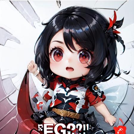 Highly detailed, High Quality, Masterpiece, beautiful, solo, 1girl, nevin, red eyes, <lora:Nevin:0.8>, Segs, english text, chibi, <lora:Pos_SegsMeme:1>, black hair,