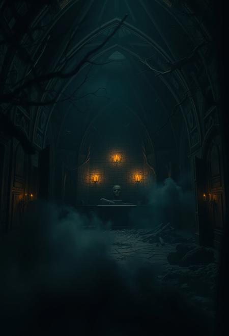 La Chambre D'Echo" - Where the death birds sing , sad environment, Dark, melancholic, Epic, hyper detailed, ultra realistic, top dramatic lights, dynamic shadows