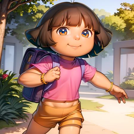 ((masterpiece, best quality)),(complex light), full body, solo, dora,  <lora:Dora_Explorer1-10:0.9>, pink shirt, shorts, bracelet,backpack,