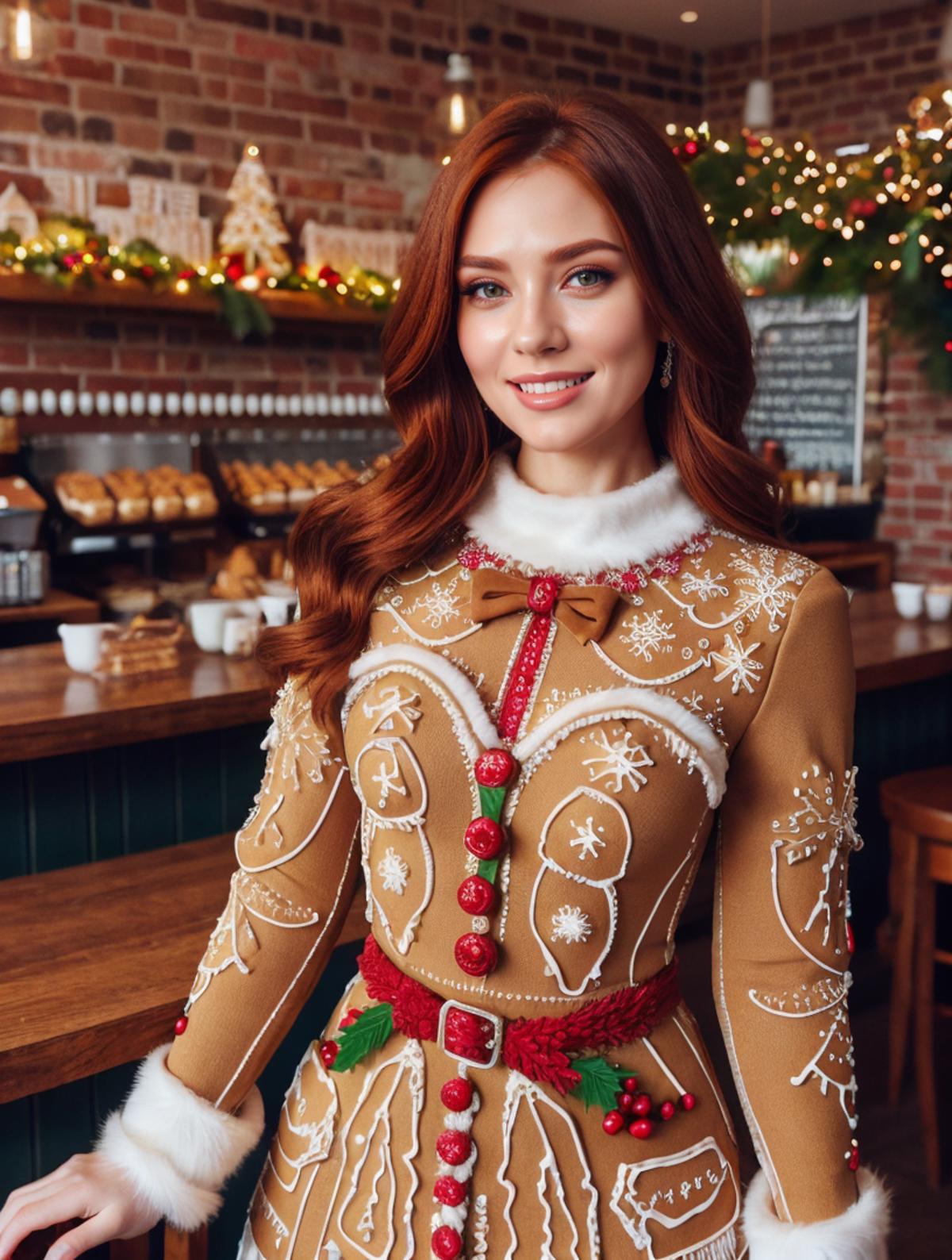 A smiling woman in a Christmas outfit in front of a brick wall.