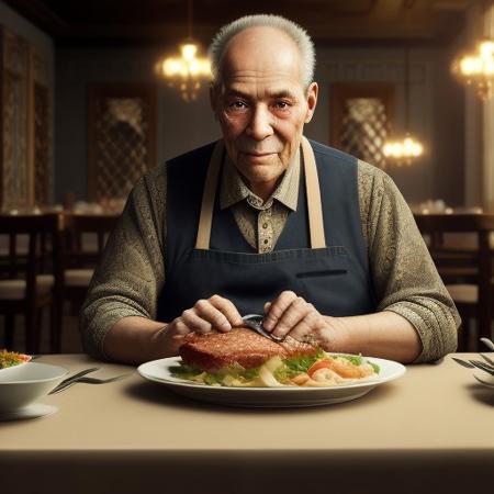 realistic image, an elderly blind man sitting at the table, in front of him a plate, knife, fork, a set table, eyeballs on the plate. restaurant atmosphere. satirical image.fantasy setting, intricate detail