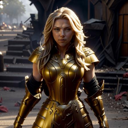 <lora:GeminiArmor:0.6>, GeminiArmor, masterpiece, best quality,  focus, Scarlett Johansson is wearing medieval armor and standing confidently in the midst of a battlefield. She looks strong, powerful and fearless, with a determined expression on her face. The armor glints in the sunlight, highlighting her toned and muscular physique. She is surrounded by the chaos and destruction of battle, with fallen soldiers and debris litter the ground around her. Despite the violence and turmoil, Scarlett Johansson exudes a sense of calm and control, as if she is the master of her surroundings. The overall effect is majestic, awe-inspiring and powerful, with Scarlett Johansson appearing as a warrior queen, commanding the scene