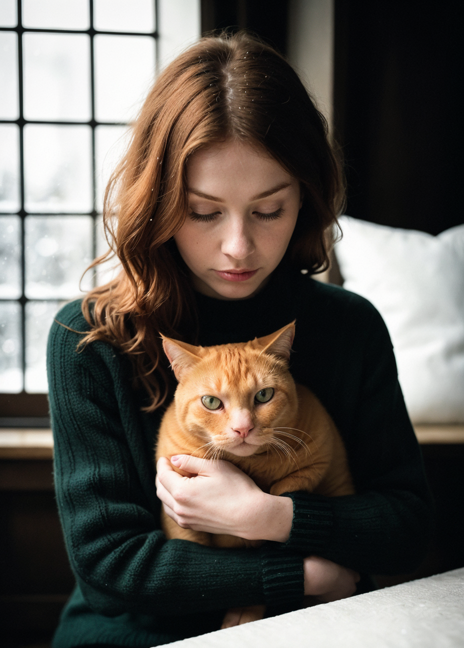 low angle portrait of a pale ginger woman holding a red cat in her arms, (she is wearing a green knitted sweater:1.2), the...