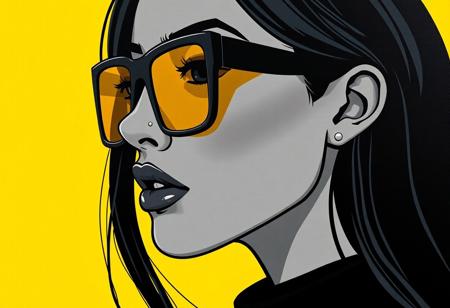 Close-up of a stylized female portrait. 
The figure is rendered in a grayscale palette, with a deep black color for clothing and hair, set against a vibrant yellow background.  The woman has long, dark hair that falls down her back.  Her facial features are defined, with a strong jawline and a confident expression.  She is wearing large, square-framed sunglasses with amber or yellowish-gold lenses.  The sunglasses are a noticeable feature, contrasting sharply with the surrounding dark tones. 
A turtleneck-style top is visible, further enhancing the silhouette.  The overall style is fashion-forward and somewhat dramatic, emphasizing form and contrast against the background. The figure is presented in a three-quarter profile view.
<lora:FLUX-daubrez-DB4RZ-v2:1> DB4RZ, DB4RZ style painting