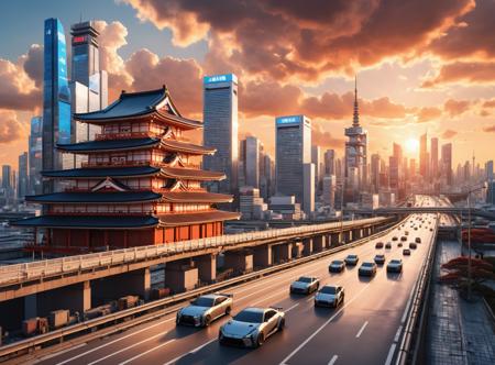 hyper-realistic photo of a Japanese palace surrounded by futuristic dystopian city skyline,skyscrapers,clouds,cars on a highway,at dusk,setting sun,cinematic lighting,