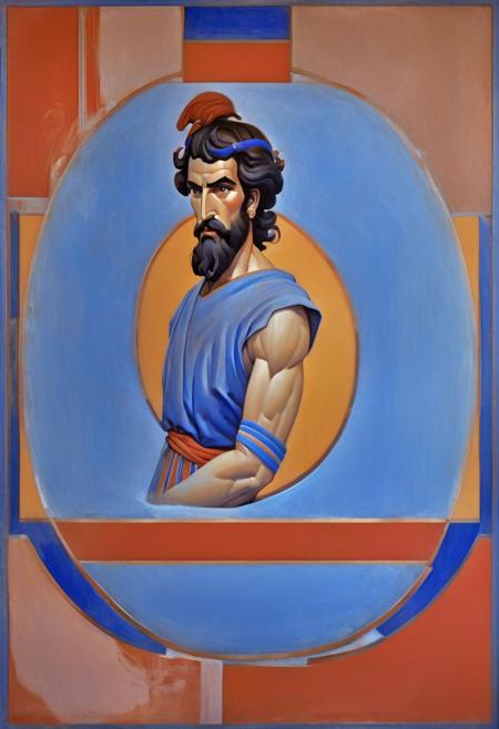 Hard-edge oil painting of a statue of Greek god Zeus, Byzantine motif, aerial perspective, folkloristic allegory, Assyrian star signs, silk screening style, serigraph style, serigraph, perfect and captivating Piet Mondrian style lapis lazuli blue, crimson red and aureolin yellow-red serigraph oil painting of shapeshifting god transforming itself from one physical form into another combined with cool colors, depth, orange red frame, Sogdian art, Silk Road art, vivid hallucination, shapeshifting, shape shift, shape shifting, continuous immersive atmosphere, immersive art, mesmerizing perfection, after Fumiaki Fukita, lapis lazuli blue, opal green, crimson red, red moon, penumbria, reflection, mirroring, extremely pointillistic, Surreality, pureerosface_v1, D3ta1led