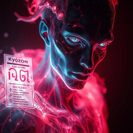 A captivating hyper-realistic close-up of a male Archaea character, whose body radiates a mesmerizing red/lava bioluminescence, setting him apart as a masterpiece of evolutionary art. His skin, translucent yet imbued with a neon vibrancy, reveals intricate networks of glowing veins that pulse with the vitality of a supernova. Adorning his form is a shattered glass-like robe, each fragment emitting a soft bioluminescent light, creating an ethereal aura around him. Over this delicate garb, he wears the unmistakable 1st zodiac Capricorn armor, its neon rea garnet hue shimmering in stark contrast to the surrounding darkness. The red neon Bioluminescence Capricorn armor, also translucent, allows the viewer to glimpse the powerful musculature beneath, further highlighting the fusion of organic and cosmic elements. His eyes, windows to an ancient soul, are a piercing neon blue, hinting at the depth of his wisdom and the 32,000-year history etched into his very being. The archaea's abilities are proudly displayed on a detailed character sheet floating beside him, listing fifteen unique supernova base powers that speak of his dominion over the universe's most fiery events. The Kyōzon insignia, in bold neon garnet letters, declares his name and status as an archaeal being of immense power. The masterpiece, rendered in a stunning 32k resolution, invites the viewer to gaze upon the intricacies of his hyper-realistic skin, each follicle and pore a testament to his alien beauty.