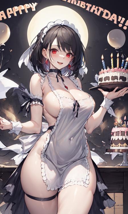 masterpiece,best quality,extremely delicate and beautiful,illustration,(happy birthday:1.3), 1girl , underworld-goddess, naked apron, sideboob, cleavage,  thighs,  birthday cake, birthday party,    cowboy shot,  <lora:underworld-goddess:1>