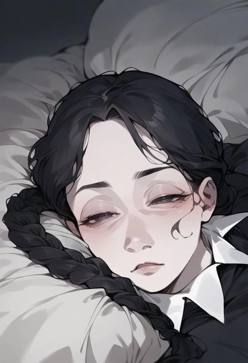 score_9, score_8_up,score_7_up, source_anime, 1girl, solo, half-closed eyes, pillow, on back, lying, on bed, upper body, wednesday addams, pale skin,  black hair, black braided pigtails