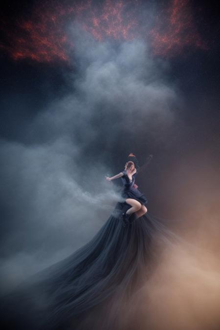 surreal, waltz of fractal smoke over the abyss, fantasy smoke, dresses and stars, dynamics, movement, wind, colorful, intricate details, perspective, hyper-detailed, hyper-realism, professional photoshoot