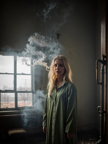 (very shy dynamic pose, Slavic blond woman with cute innocent face, hair dissolving to smoke, hairs fade out:1.25), mysterious silhouette beautiful antique woman in a toga, (hanging gardens of babylon), goddess, alluring, Carne Griffiths, Emily Kell, Steve McCurry, Aaron Horkey, Jordan Grimmer, Greg Rutkowski, (double exposure, surreal:1.3), geometric patterns, smooth BREAK indoor scenery with abandoned decaying USSR interior, torrents of burning radiation, scorched hellscape of melted decaying Soviet living room. crust vent noxious yellow-green toxic vapors, (indoor industrial pipes:1.1) laying half-buried in the irradiated quagmire. A looming shadow blots out the smoldering remains of the sun, rainbow colors and massive blast BREAK epiCPhoto, cinematic still, <lora:Yebenya_SD1.5:0.125> <lora:Macro_Trash_SD15-000031:0.125> <lora:Doomers_Joy_triggers-000040:0.125> doomersjoy, doomers_sky, doomers_pipes, doomers_smoke, (strong gloom:1.225), f2.8, (natural morning light:1.1) (shallow depth of field swirly bokeh:0.9)