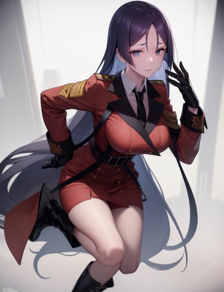 1girl, solo, <lora:gfl-femcommander:1>   <lora:raikou:1> black footwear, black gloves, black necktie, boots, collared shirt, griffin & kryuger military uniform, military uniform, necktie, red jacket, uniform, white shirt, large breasts