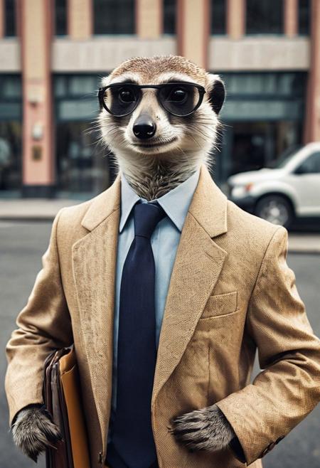 Wes Anderson style, photo of anthropomorphic meerkat dressed as a businessman going to work on Monday morning