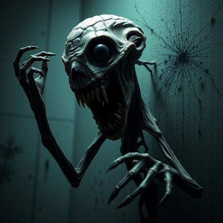 ultra_res, high_contrast, sharp_detail, cinematic_lighting, eerie_glow, haunting_aura, unsettling_textures, nightmarish_design, hyperrealistic, terrifying_appearance.
 "A thin, spindly creature with a grotesque, oversized head tilted at an unnatural angle. Its mouth distends unnaturally wide to scream, revealing jagged teeth and black voids where eyes should be. Long, clawed fingers scrape against walls, leaving trails of black ash. Its body jerks and spasms unnervingly, as if it’s never quite settled into its form. The air vibrates with the sound of its constant, bone-shattering wail. Eyes flickering with horrifying intensity. Darkness envelops its form as it leans in close, ready to strike