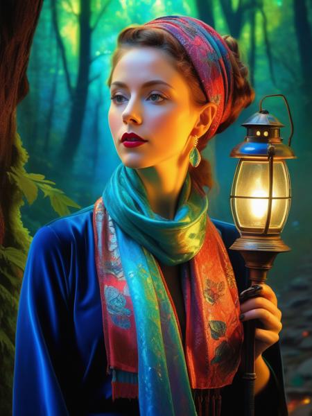 <lora:04Vintageillustration_Hap_XL:1.5>, Norman Rockwell style, Digital Bohemian Parisian chanson singer portrait in velvet attire, poppy-patterned scarf, with ultra-clear, highly detailed, ever-changing iridescent colors, steps into a Midsummer's Mystic Forest with cyberpunk nuances, bioluminescent fireflies, reflections in a stream, granite lanterns, Slavic festivities, 3D, HDR photography style, vibrant and whims,