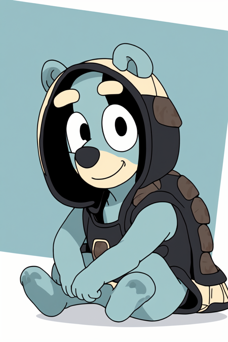 Bluey Style, solo, looking at viewer, smile, sitting, closed mouth, full body, black eyes, turtle, no humans, flat color <lora:Bluey:0.5>